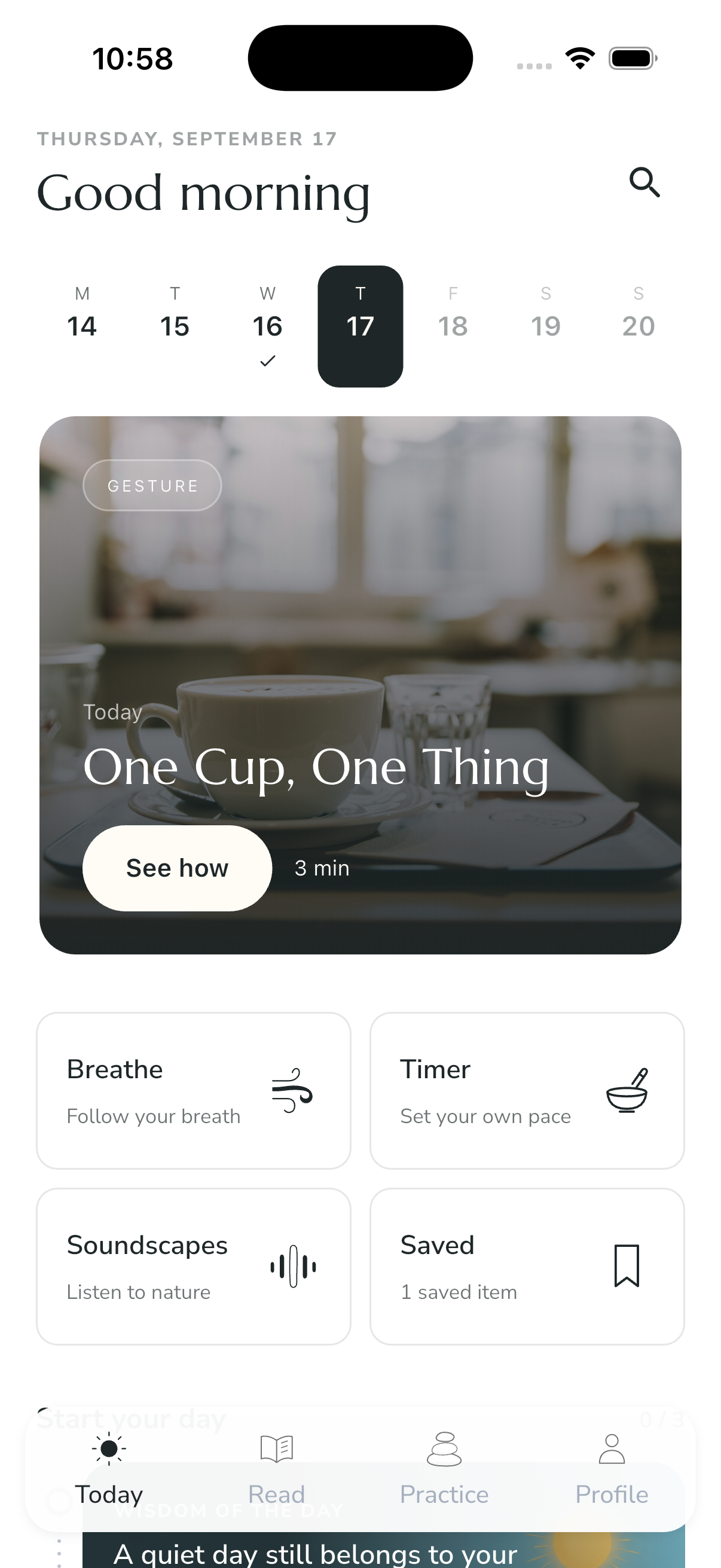 Daily Taoism home screen with the One Cup, One Thing practice