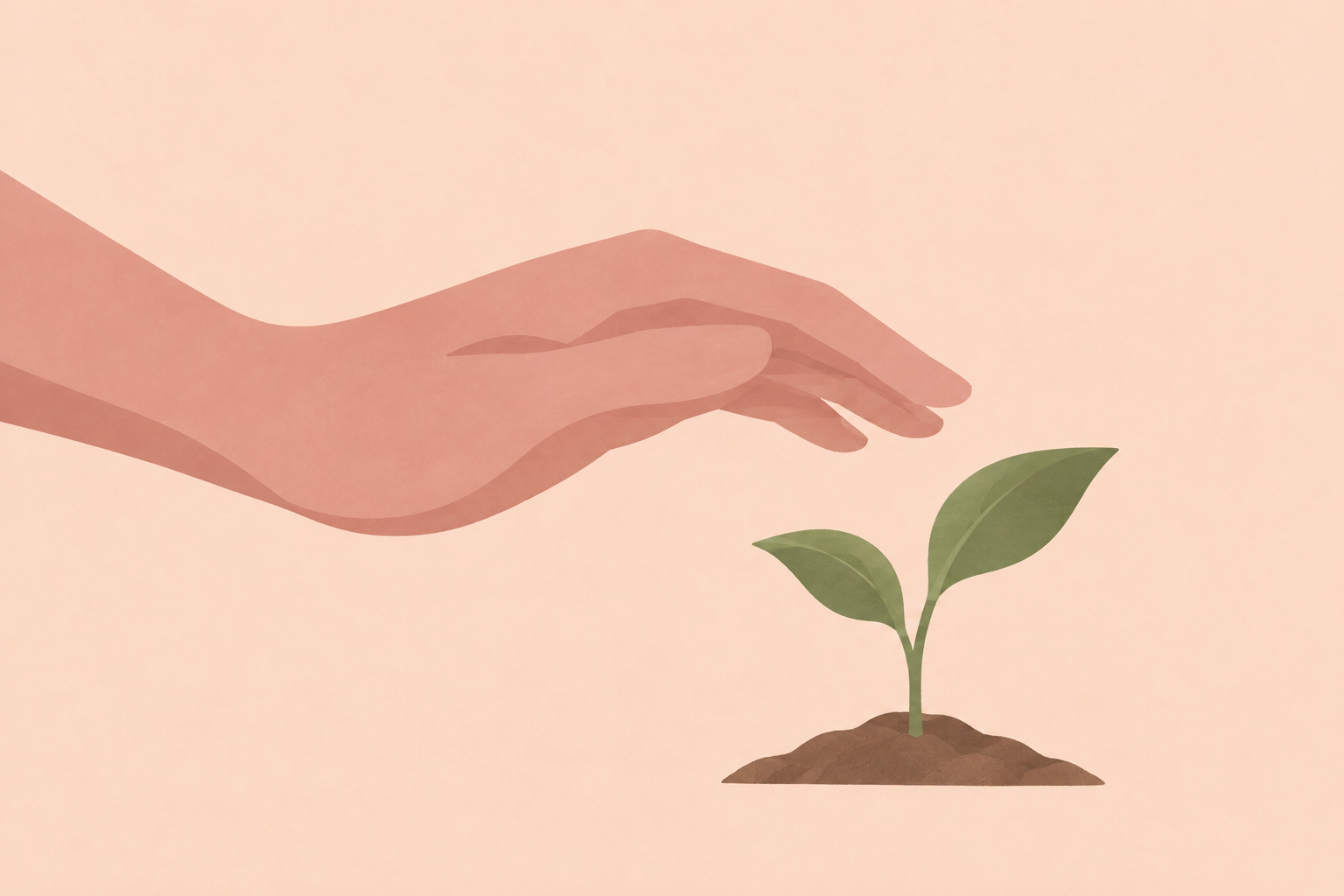 A relaxed hand beside a young plant on a peach background