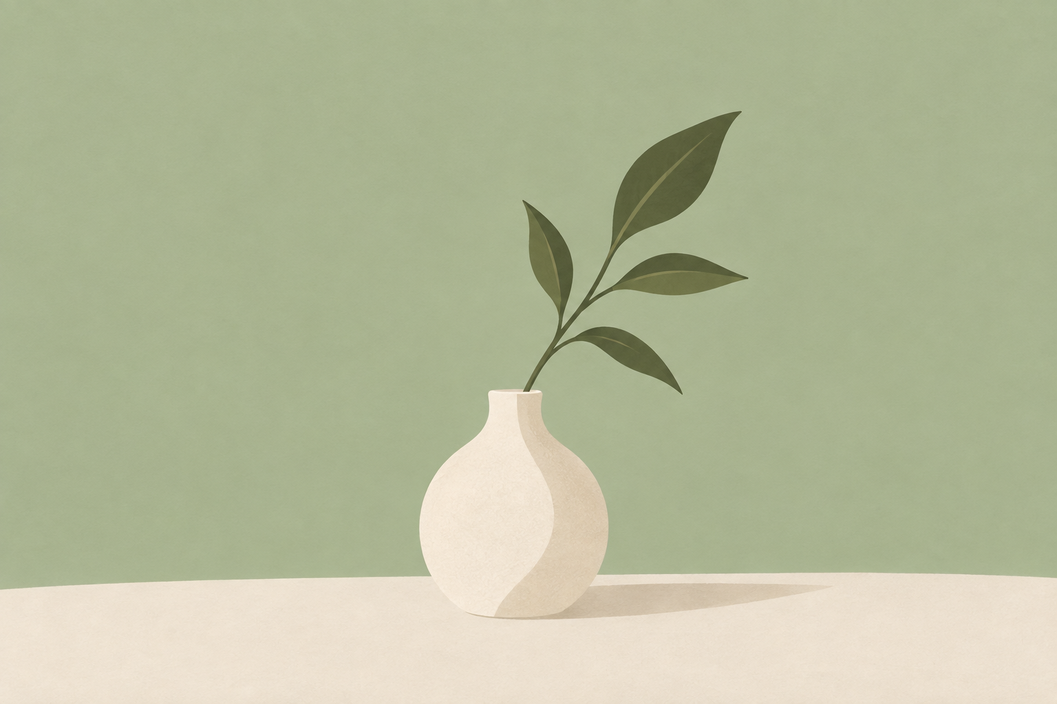A single green branch in an ivory vase