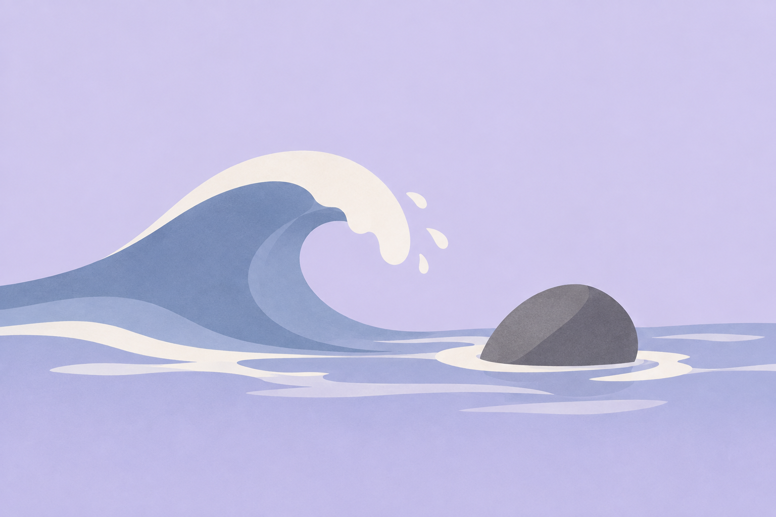 A blue wave moving around a stone on a lavender background
